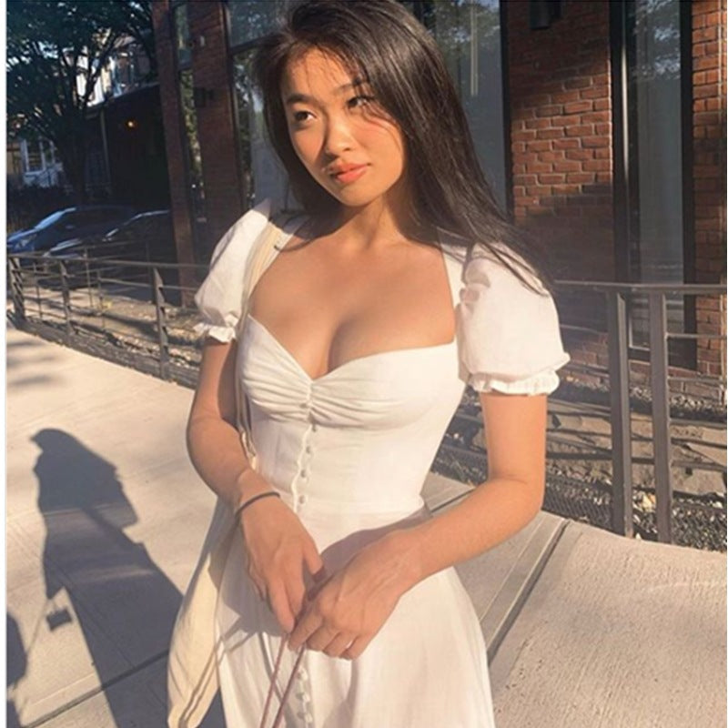 Wrapped chest cloth buttoned high waist split dress