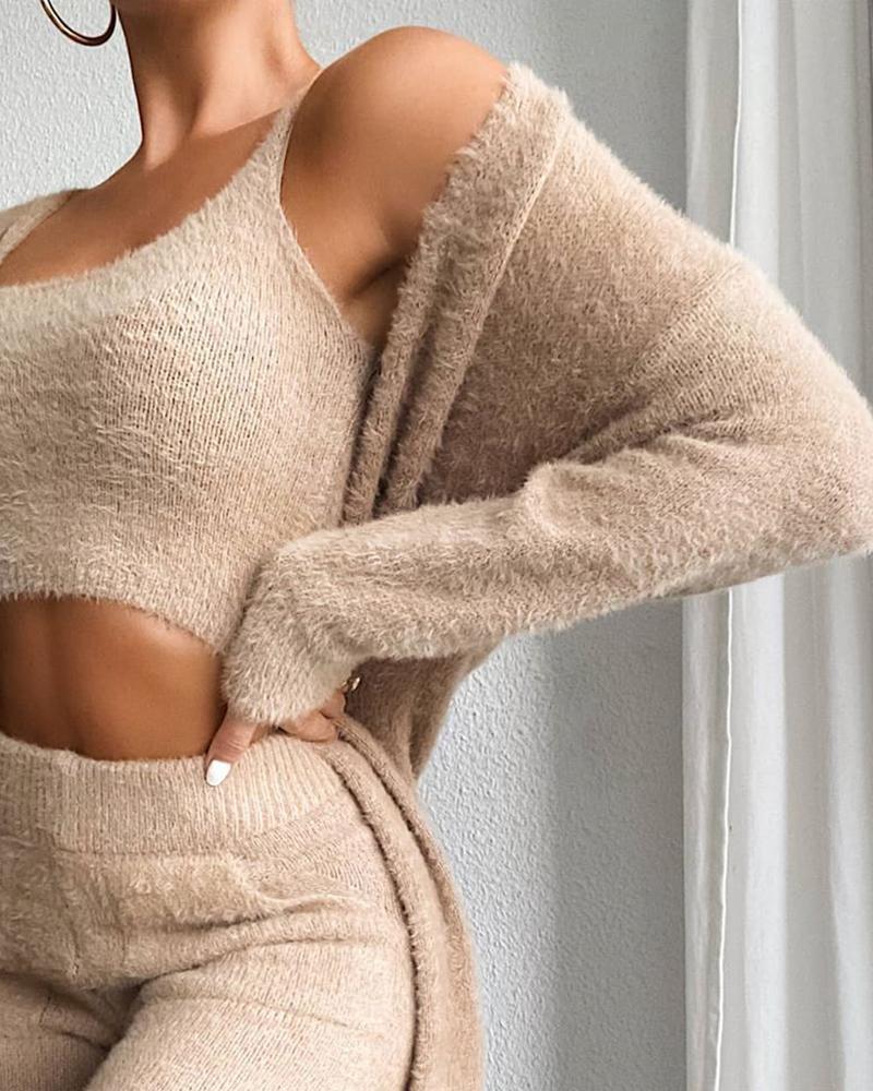 3pcs Womens Clothing Fashion Solid Fluffy Plain Crop Top & Skinny Pants & Longline Coat Set Warm Cozy Suit Sets