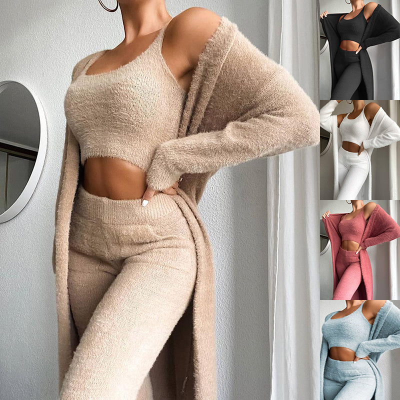 3pcs Womens Clothing Fashion Solid Fluffy Plain Crop Top & Skinny Pants & Longline Coat Set Warm Cozy Suit Sets