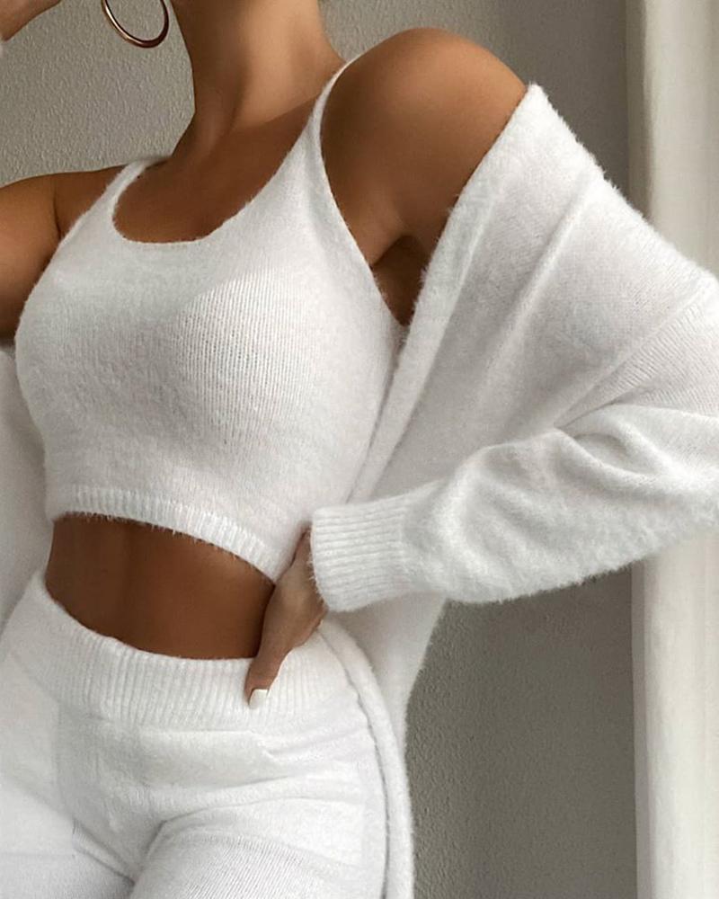 3pcs Womens Clothing Fashion Solid Fluffy Plain Crop Top & Skinny Pants & Longline Coat Set Warm Cozy Suit Sets