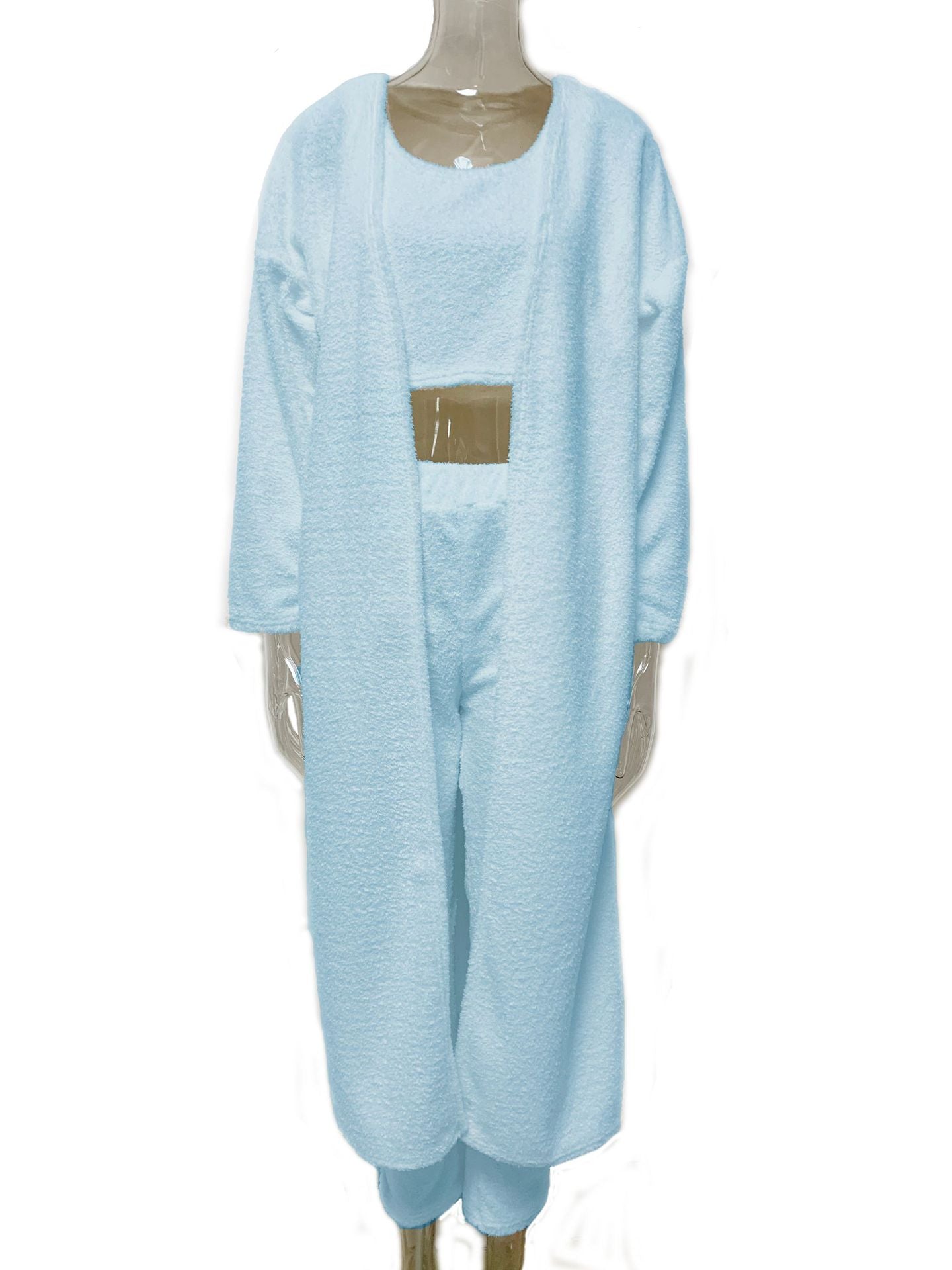 3pcs Womens Clothing Fashion Solid Fluffy Plain Crop Top & Skinny Pants & Longline Coat Set Warm Cozy Suit Sets
