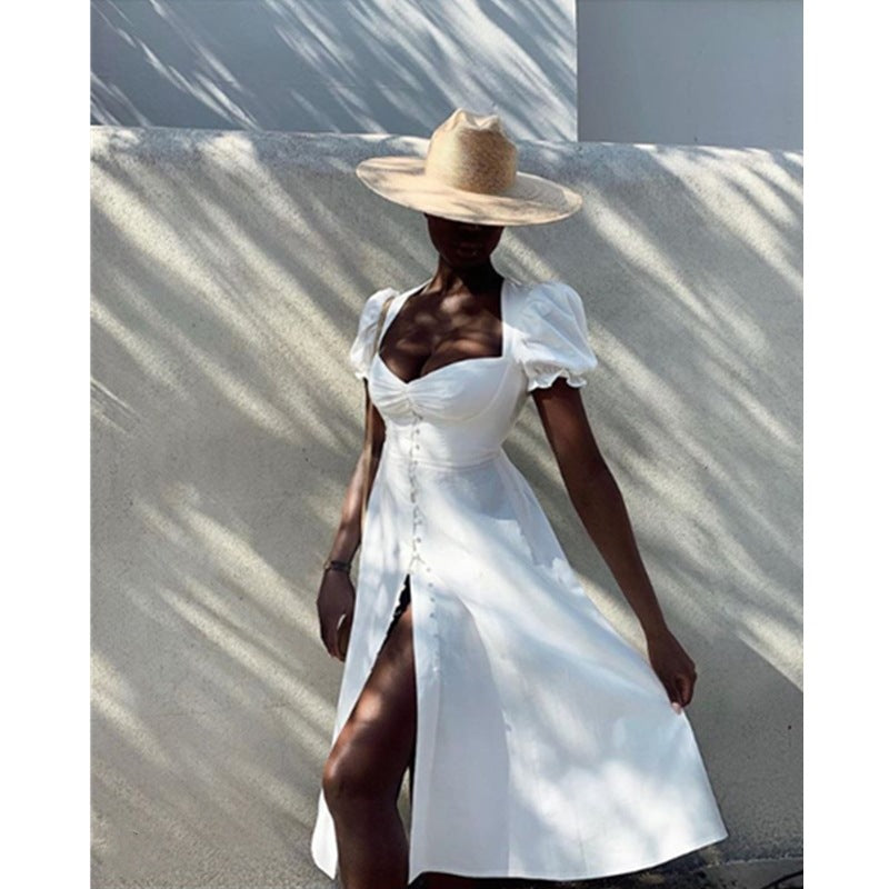 Wrapped chest cloth buttoned high waist split dress