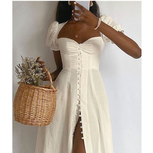 Wrapped chest cloth buttoned high waist split dress